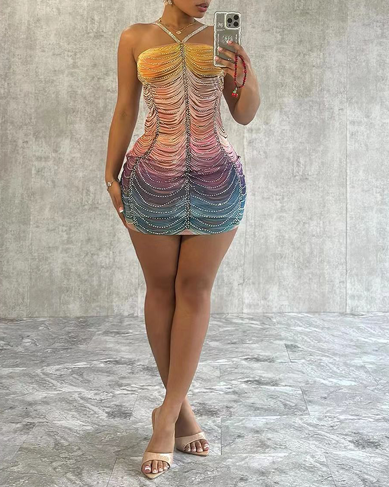 Printed Rhinestone Slim Fit Dress