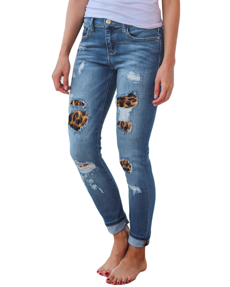Leopard Print Ripped Patch Stretch Jeans