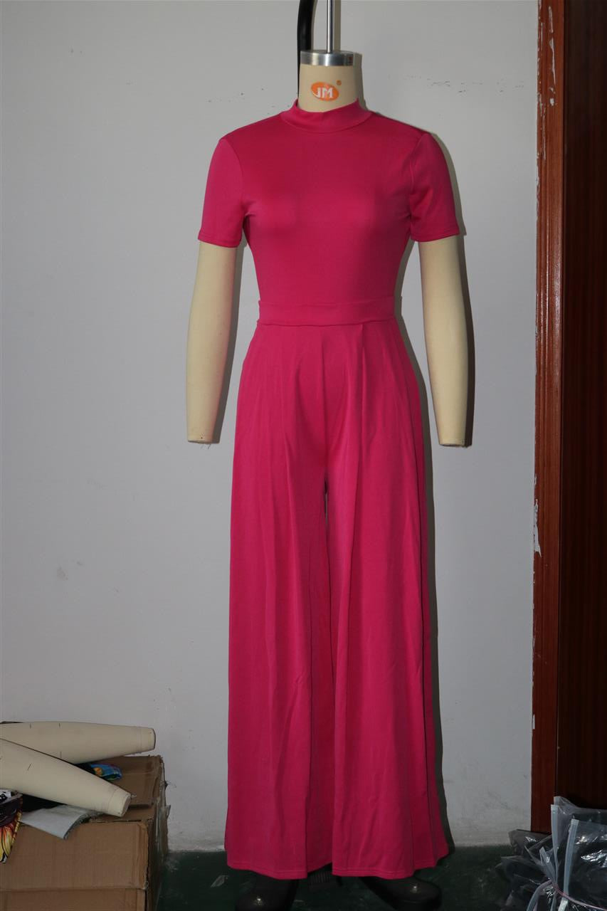 Conjunto de dos piezas de mono de manga corta y pantalones anchos de color liso para mujer