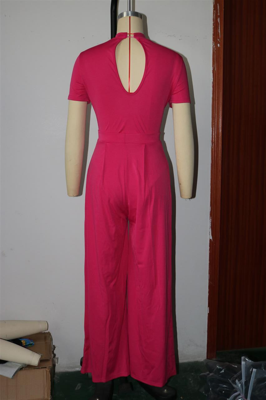 Conjunto de dos piezas de mono de manga corta y pantalones anchos de color liso para mujer