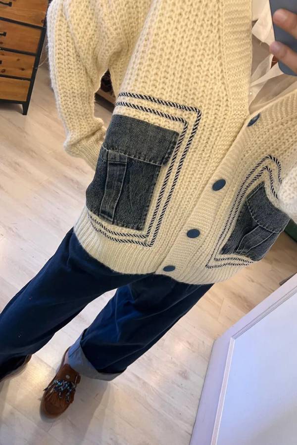 Unique Denim Patchwork Pockets Cardigan
