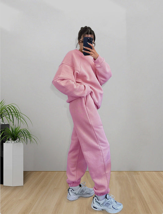 Suéteres de manga larga con cuello redondo y color liso para mujer, ropa informal, pantalones holgados, traje, otoño e invierno