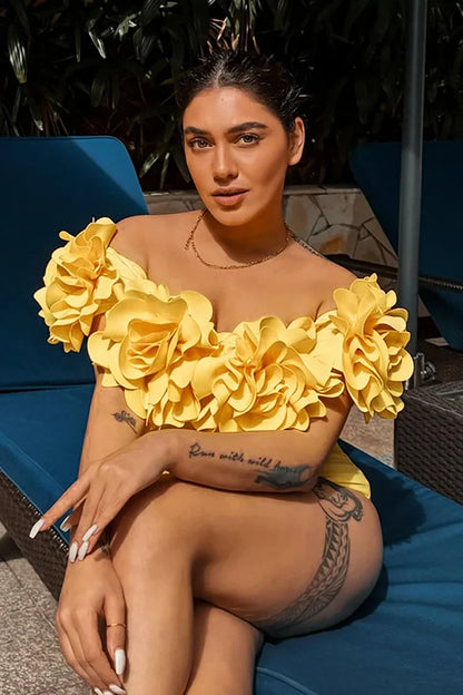 3D Floral Strapless Solid One-Piece Swimsuit