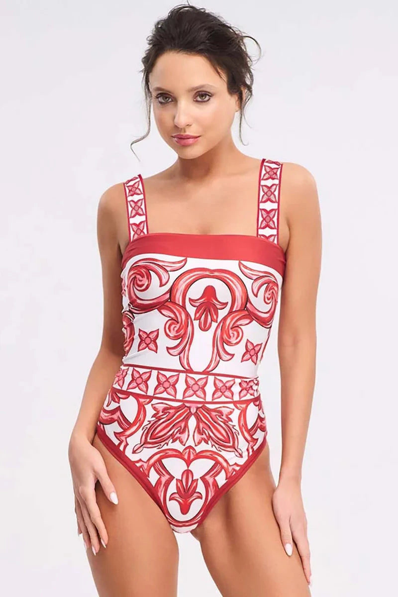 Ethnic Print One-Piece Swimsuit Set