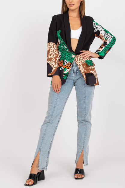 Leopard Print Contrast Slim Fit Long Blazer