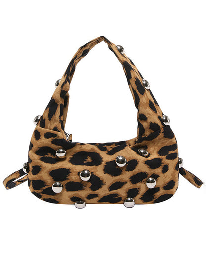 Leopard Print Retro Punk Style Studded Shoulder Bag