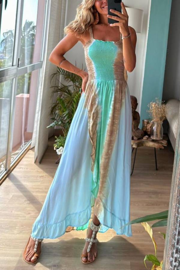 Vestido largo de vacaciones con efecto tie-dye azul