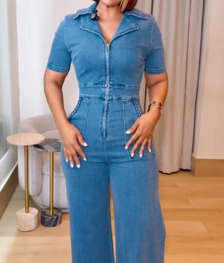 Casual Loose Straight Leg Demin Jumpsuits with Pockets