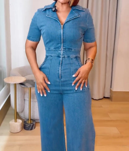 Casual Loose Straight Leg Demin Jumpsuits with Pockets