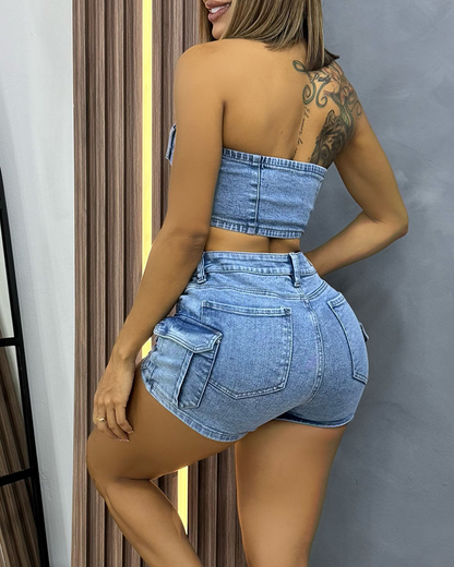 Sexy Tube Top With Multiple Pockets Shorts Set