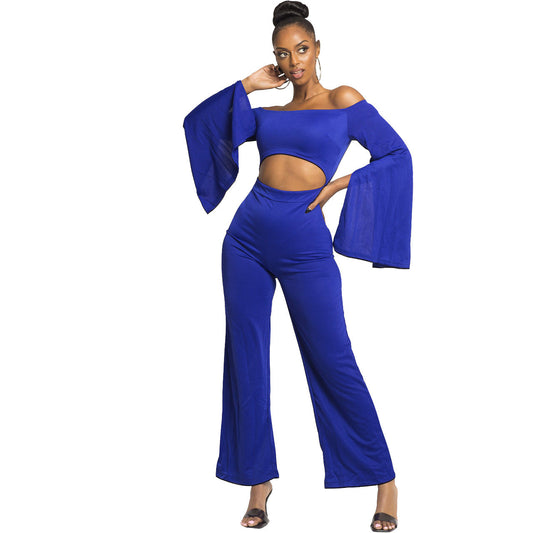 Boutique Casual Solid Color Long Sleeves Cropped off Shoulder Jumpsuit