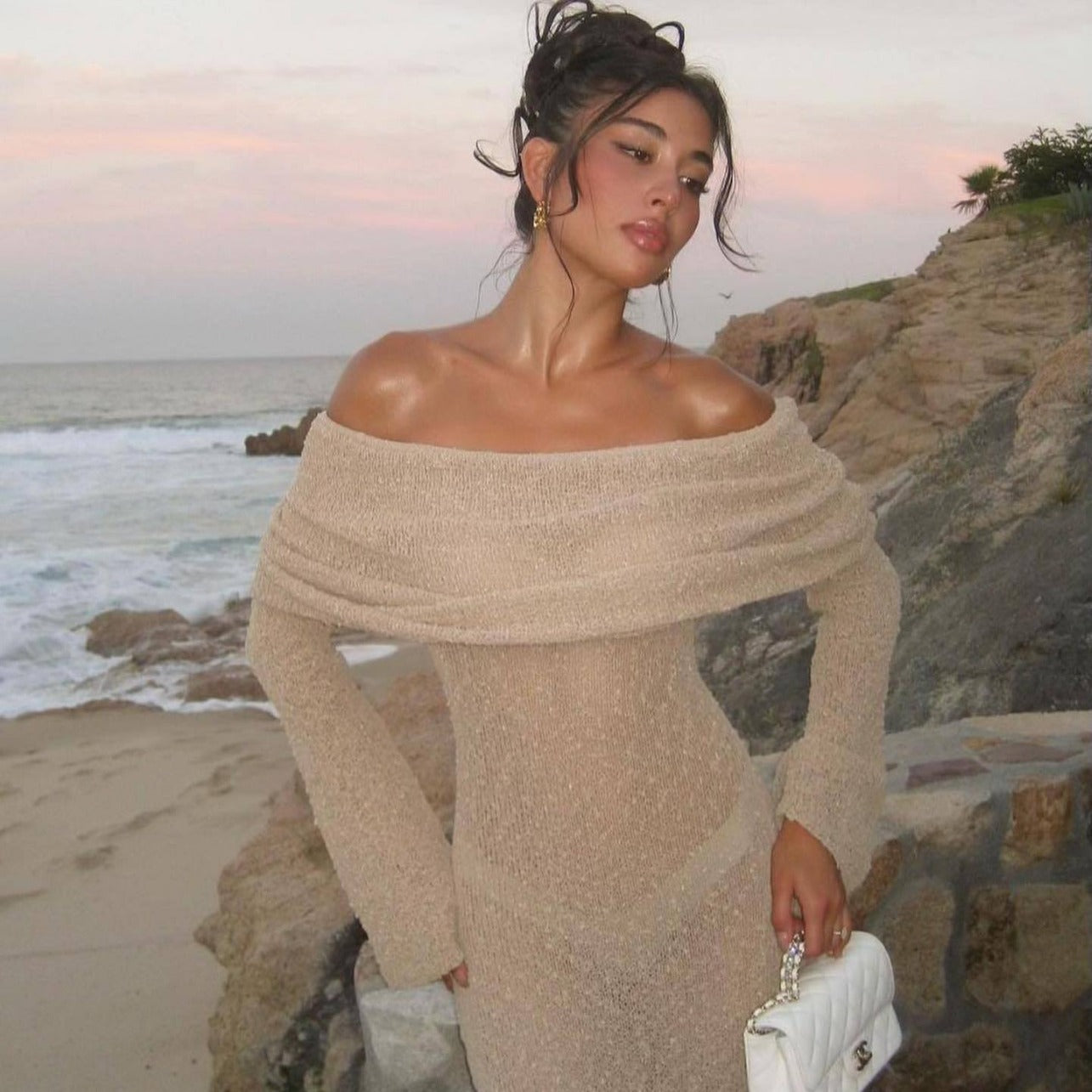 Beach Vacation Sexy Dress Knitted Hollow Out Cutout Out Off Neck Maxi Dress Blouse Summer Women’s