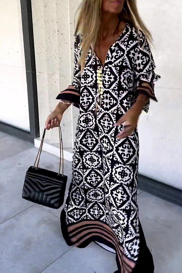 Vestido maxi casual de manga larga con estampado geométrico básicamente perfecto