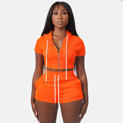 Conjunto de dos piezas con capucha, top corto y cremallera de color liso y cárdigan con cremallera para mujer