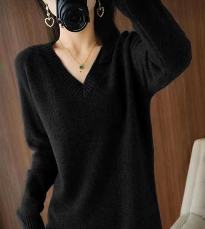 Autumn Winter Korean V Neck Sweater Mid Length Loose Sweater Women Pullover Thick Dress