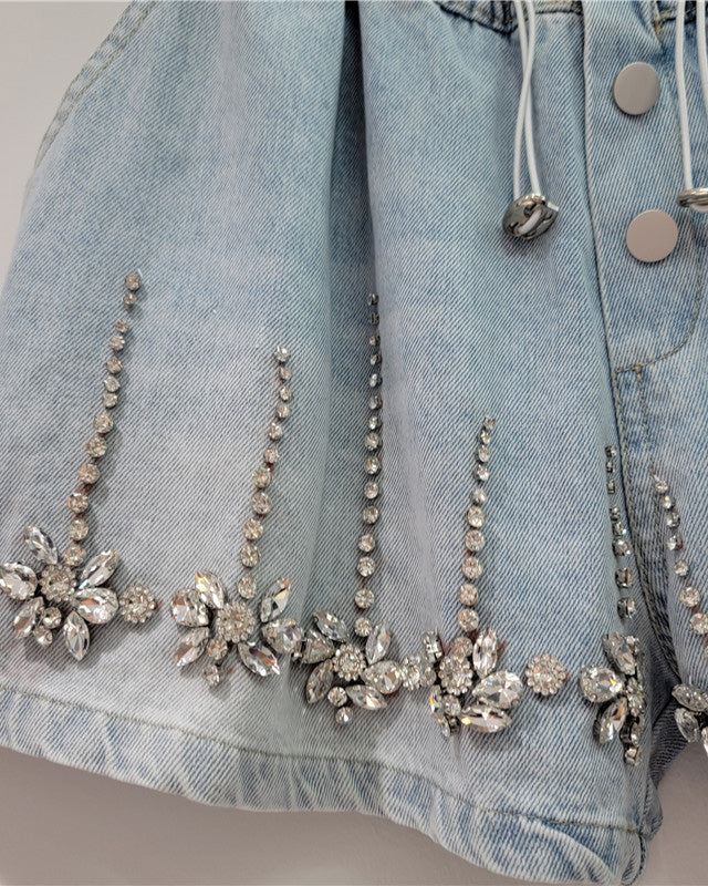 Diamond Beaded High Waist Loose Skinny Denim Wide Leg Shorts