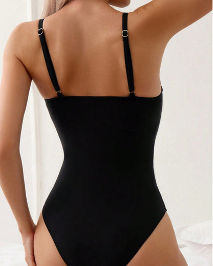 Solid Color Mesh Splicing Hollow One-Piece Swimsuit