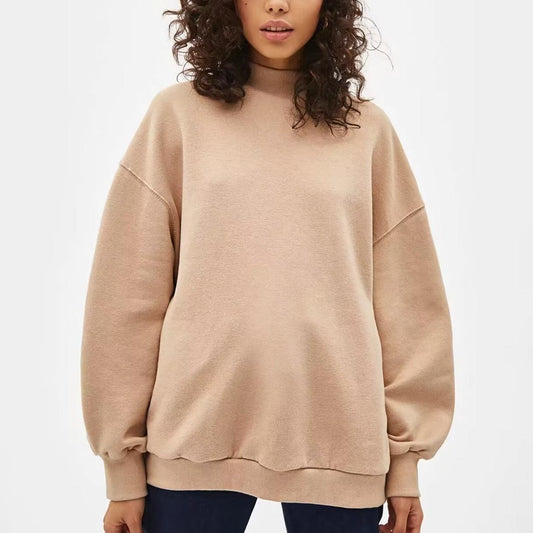 Autumn Winter Simple Loose Casual Half Turtleneck Fleece lined Solid Color Sweatshirt Sweatshirt Women