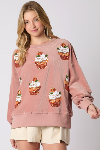 Autumn Winter Christmas Pumpkin Cake Sequ round Neck Loose Pullover Sweatshirt