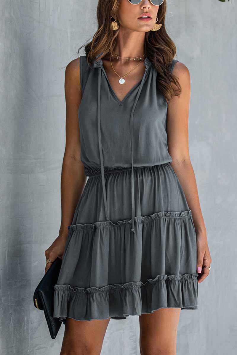 Solid Pleated Adjustable Waist Dress