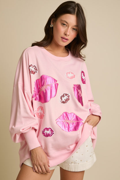 Autumn Winter Women Clothing Valentine Day Sequined Kiss Top Sweet Sweatshirt Women