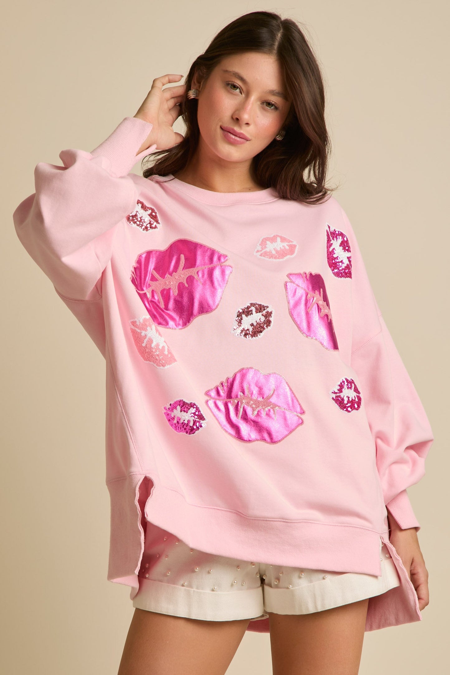 Autumn Winter Women Clothing Valentine Day Sequined Kiss Top Sweet Sweatshirt Women