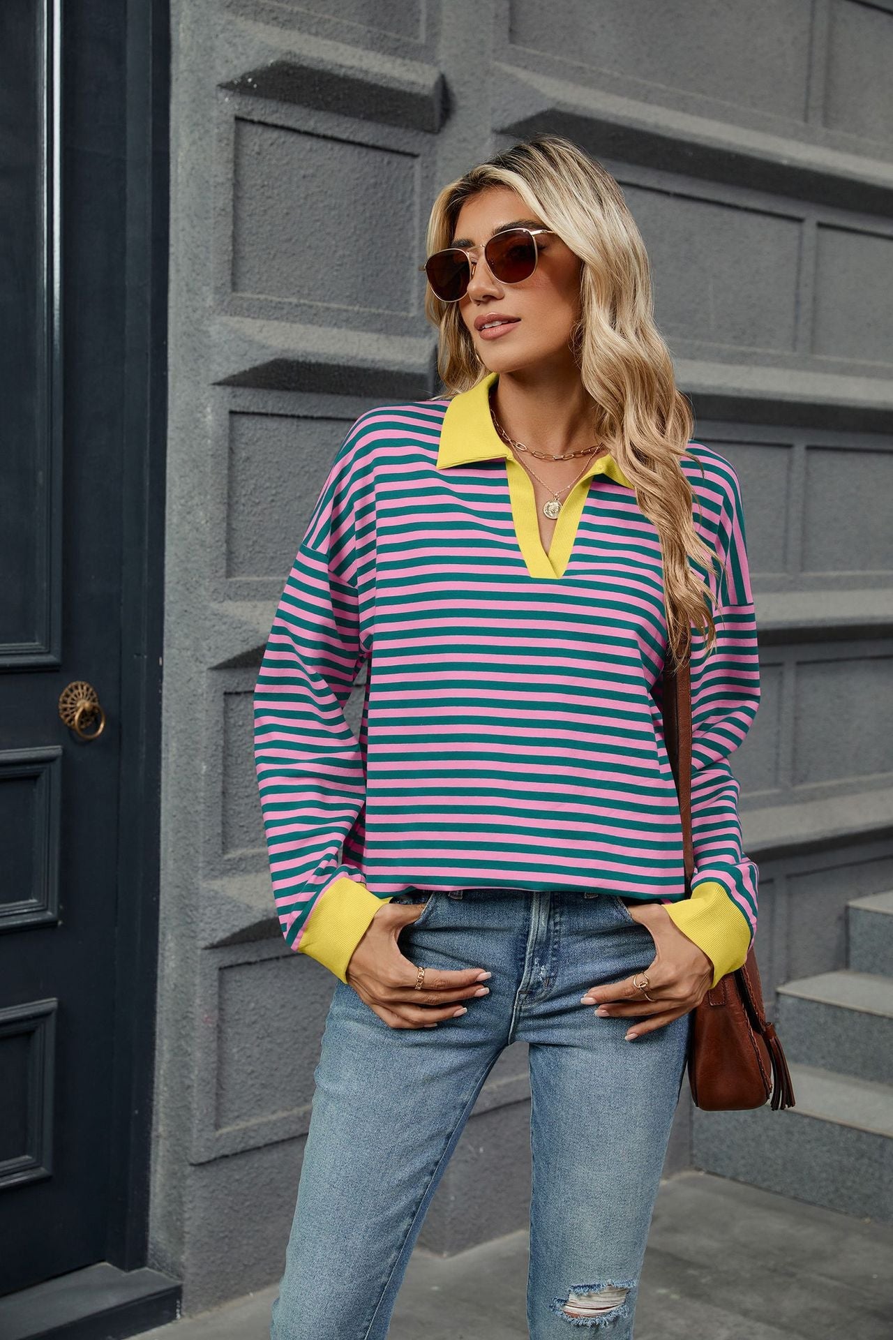 Autumn Winter Contrast Color Lapels Loose Long Sleeve Striped Sweater for Women