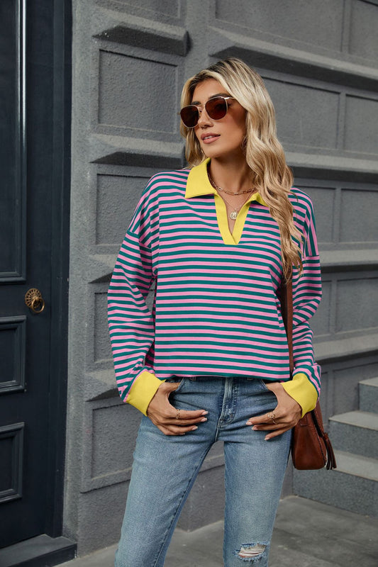 Autumn Winter Contrast Color Lapels Loose Long Sleeve Striped Sweater for Women