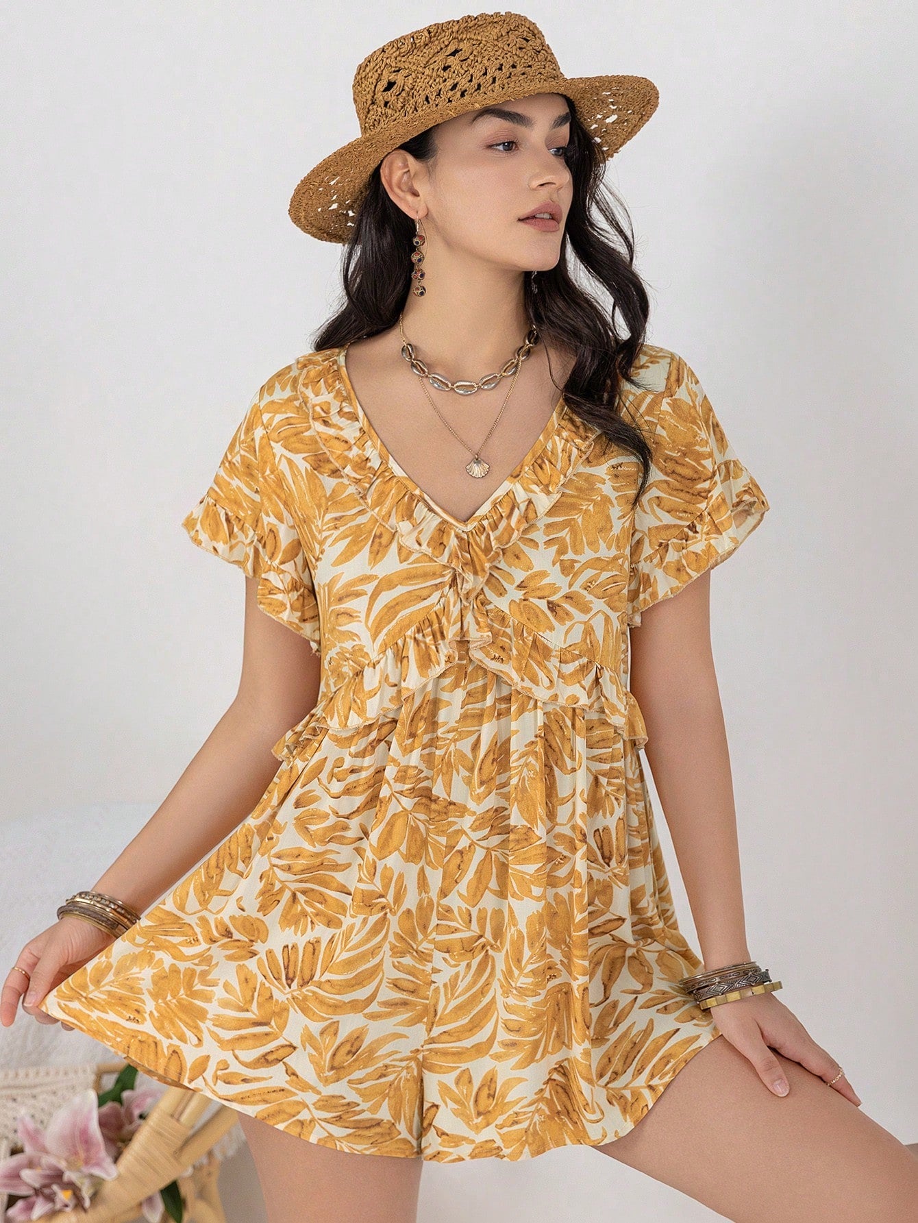 Batch Delivery Seaside Vacation Casual Women V neck Jumpsuit