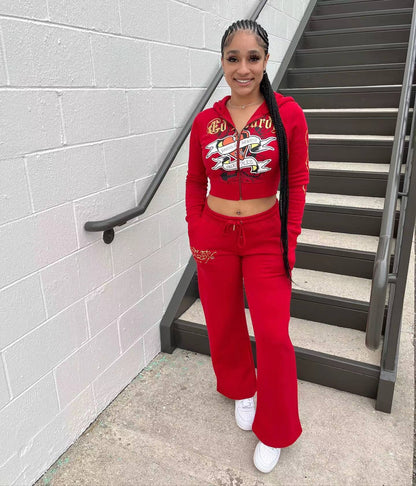Conjunto de dos piezas para mujer, cárdigan corto básico con cremallera y estampado de calavera y corazón de Brand Street, pantalones rectos de cintura alta