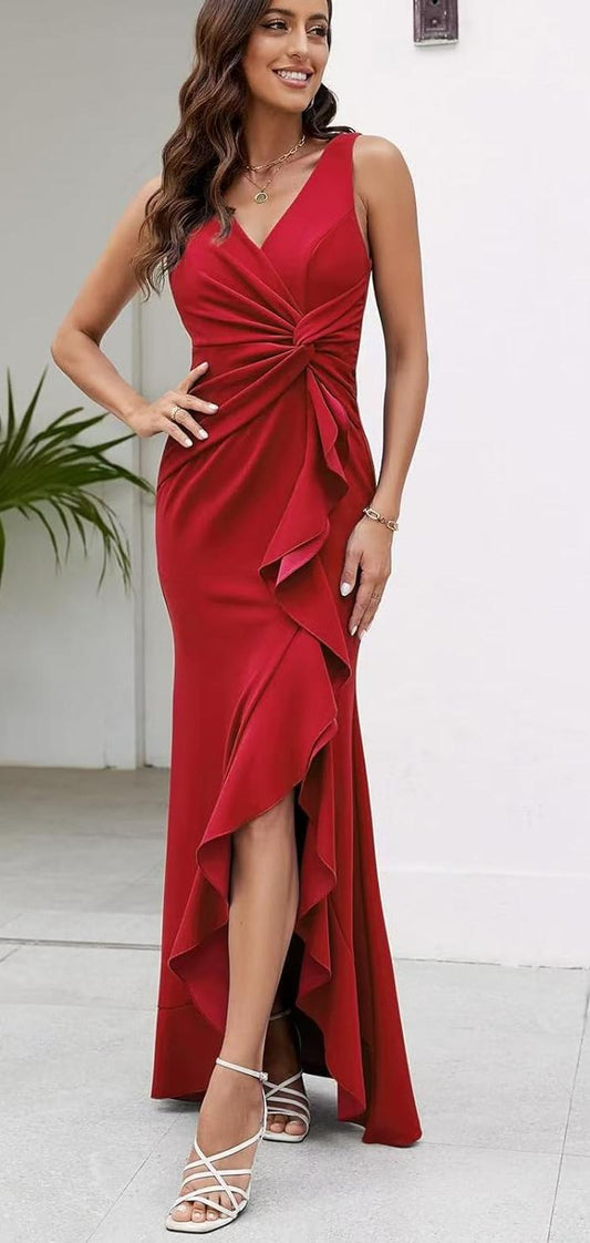 V neck Sleeveless Slim Fit Elegant Ruffled Split Long Evening Dress