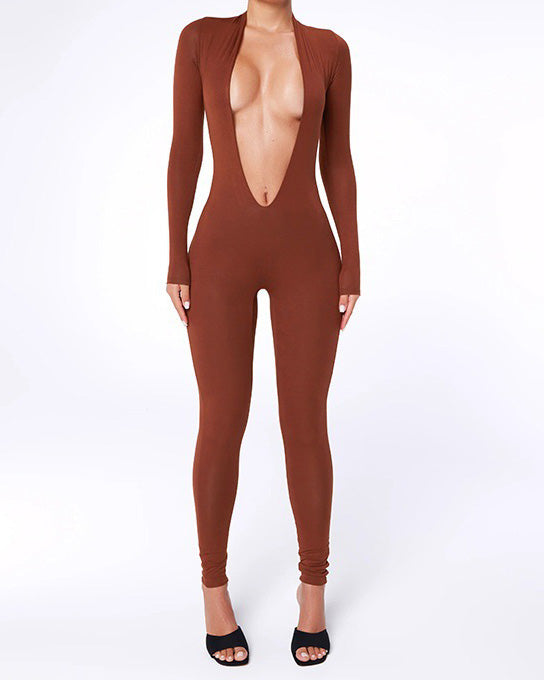 Deep V Long-Sleeved Open-Back Tights Jumpsuit