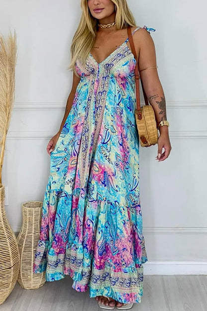 Bohemian Style Unique Print V-neck Suspender Holiday Maxi Dress