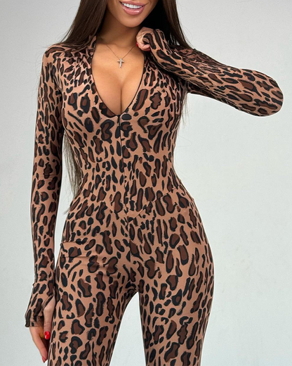 Leopard Print Waist-Cinching Hip Lifting Jumpsuit