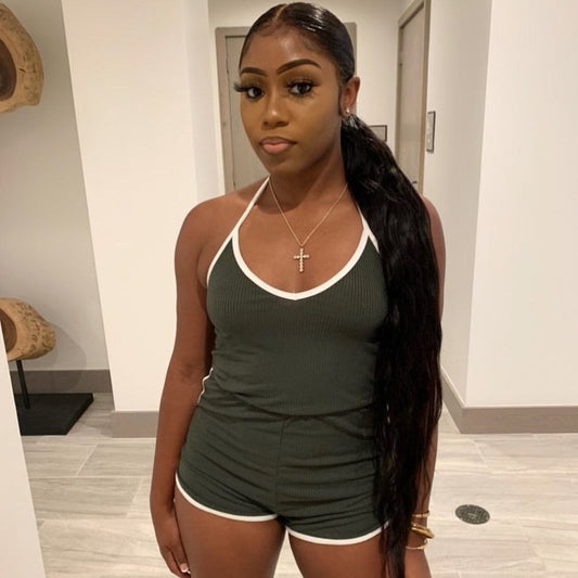 Summer Wear Color-Contrasting Stripe Striped Slim-Fit Lace up Women Home Fitness Romper