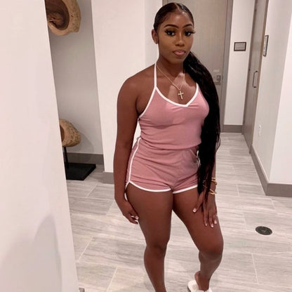 Mono de verano ajustado con rayas y contraste de color para mujer, con cordones y para hacer ejercicio en casa