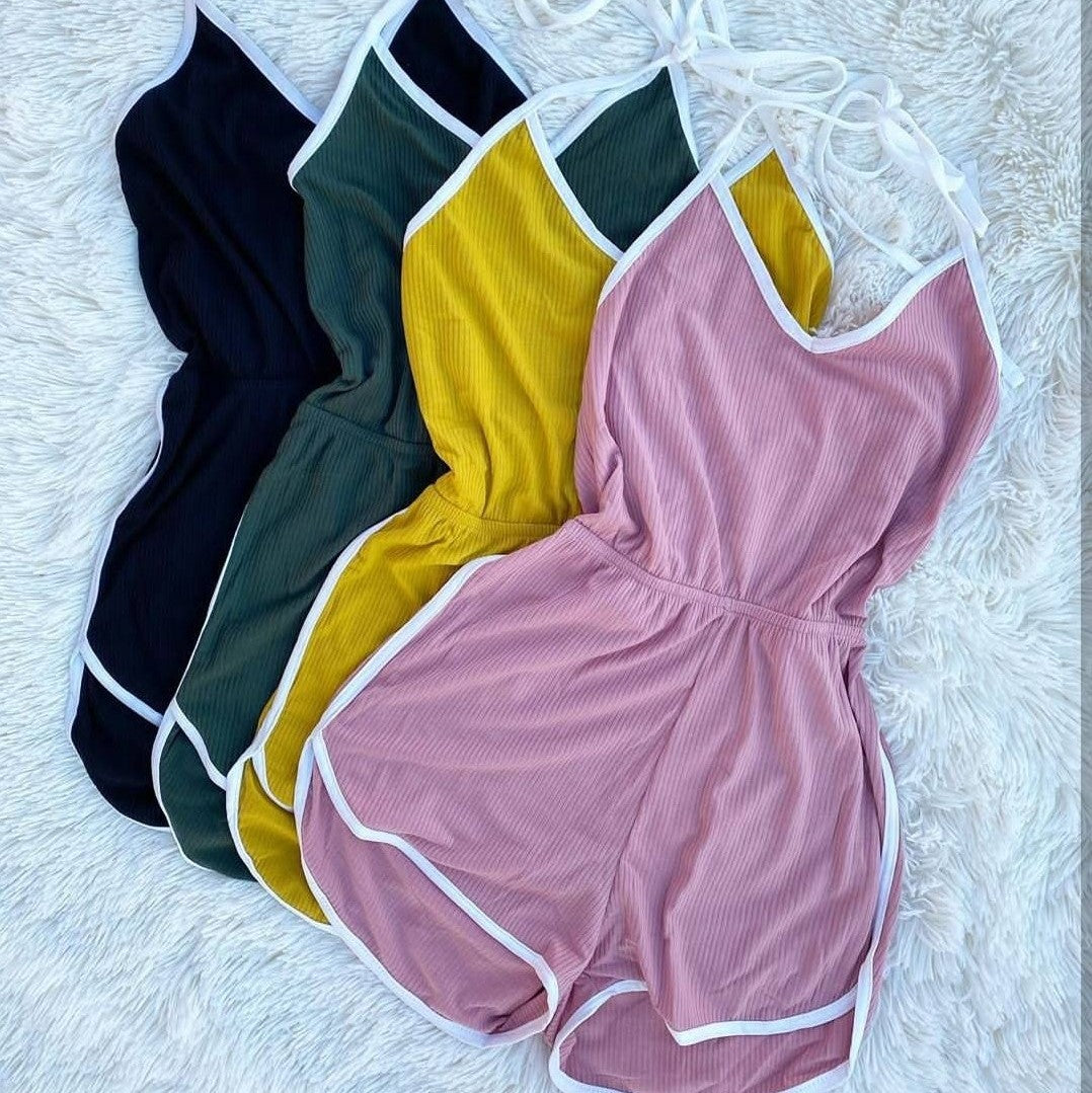 Mono de verano ajustado con rayas y contraste de color para mujer, con cordones y para hacer ejercicio en casa