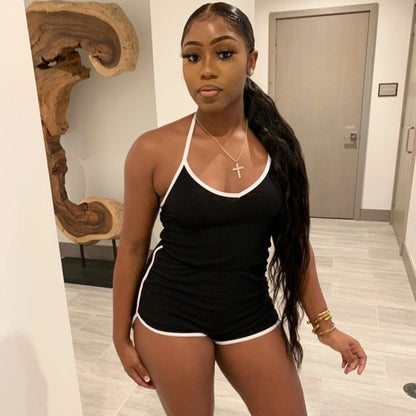 Mono de verano ajustado con rayas y contraste de color para mujer, con cordones y para hacer ejercicio en casa