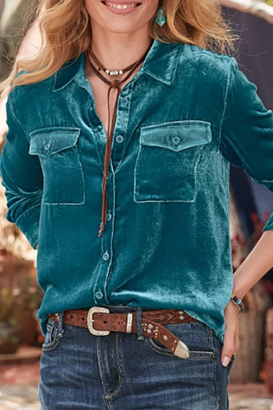 Retro Lapel Collar Button Pockets Detail Long Sleeve Velvet Blouse