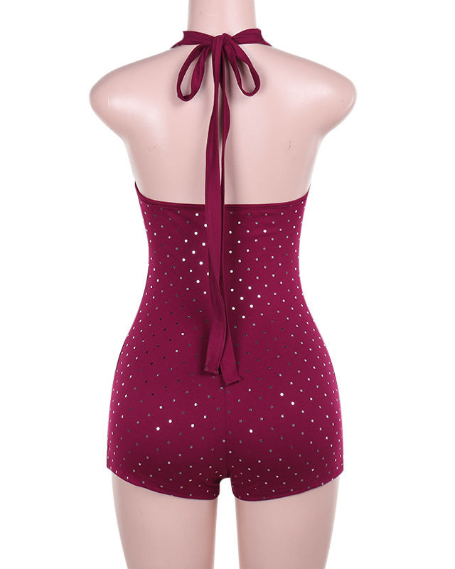 Slim Fit Deep V Jumpsuit With Rhinestones