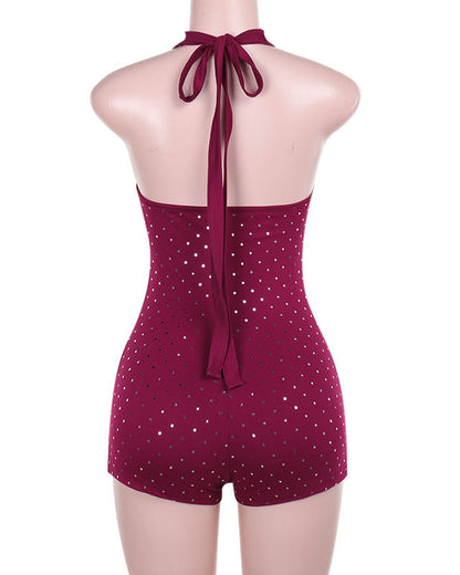 Slim Fit Deep V Jumpsuit With Rhinestones