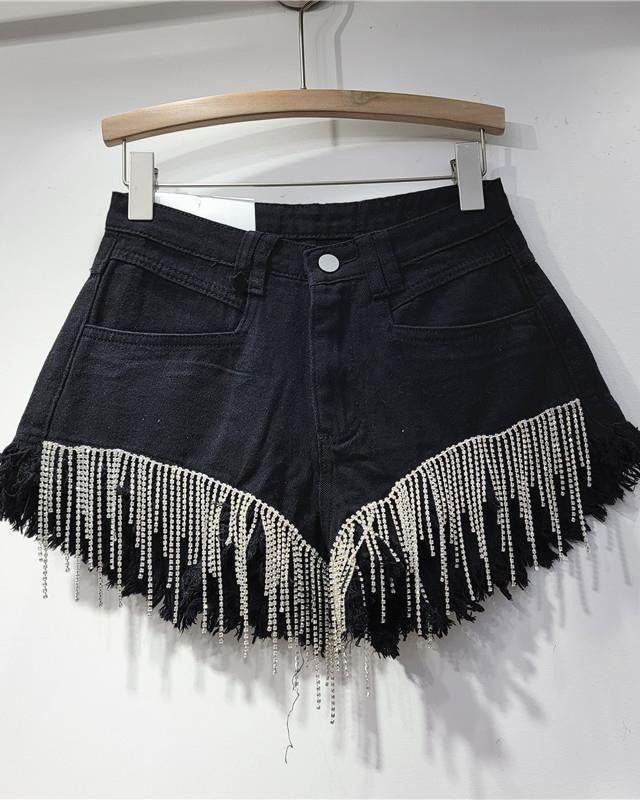 Ripped High Waist Rhinestone Tassel Chain Denim Shorts