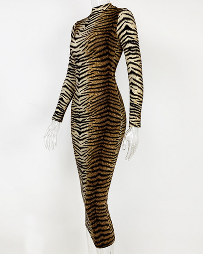 Slim-Fit Leopard Print Long-Sleeved Dress