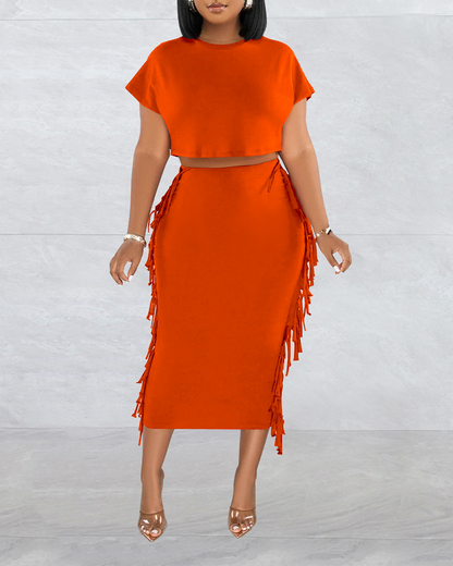 Fringed Crewneck Short-Sleeved Long Skirt Set