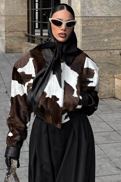 Cow Print Faux Leather Notch Collar Coat