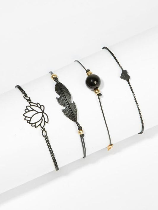 Lotus & Feather Bracelet Set 4pcs for Women