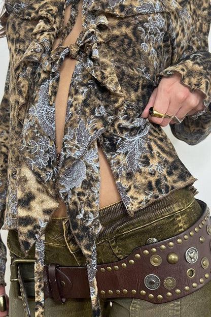 Vintage Animal Print Tie Front Ruffle Blouse