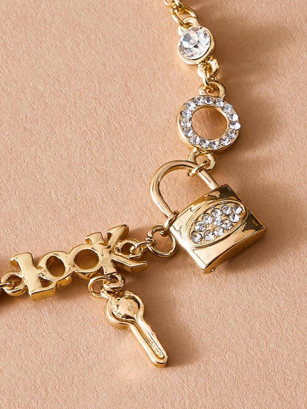 1pc Rhinestone Decor Lock & Key Charm Bracelet for Women