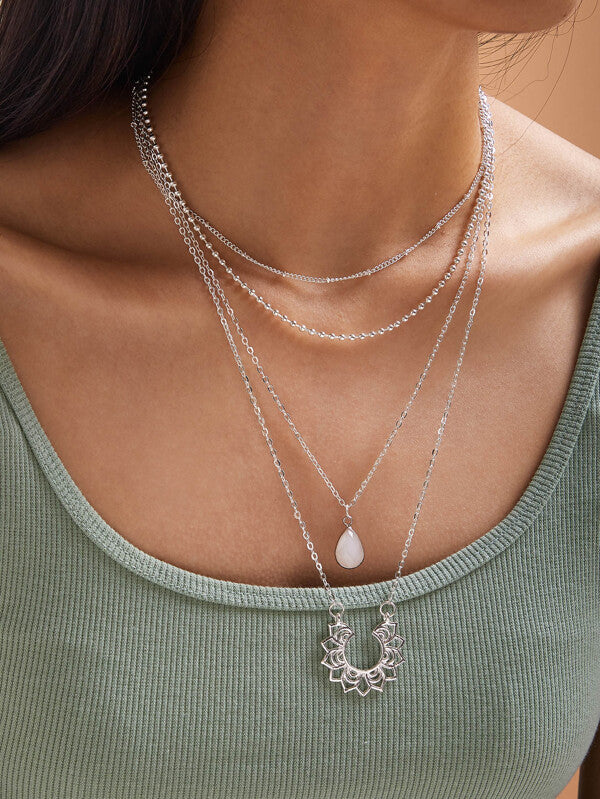 2pcs Waterdrop & Flower Pendant Necklace for Women