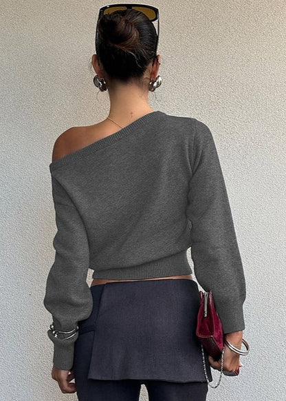 Off-Shoulder Cropped Knit Sweater – Minimalist Elegance